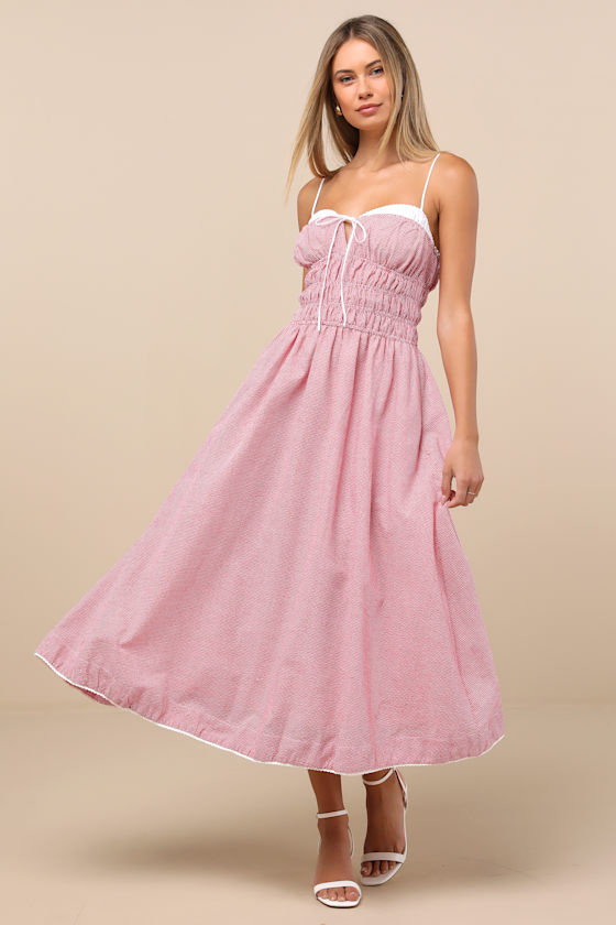 Thomas Red Gingham Smocked Sleeveless Midi Dress