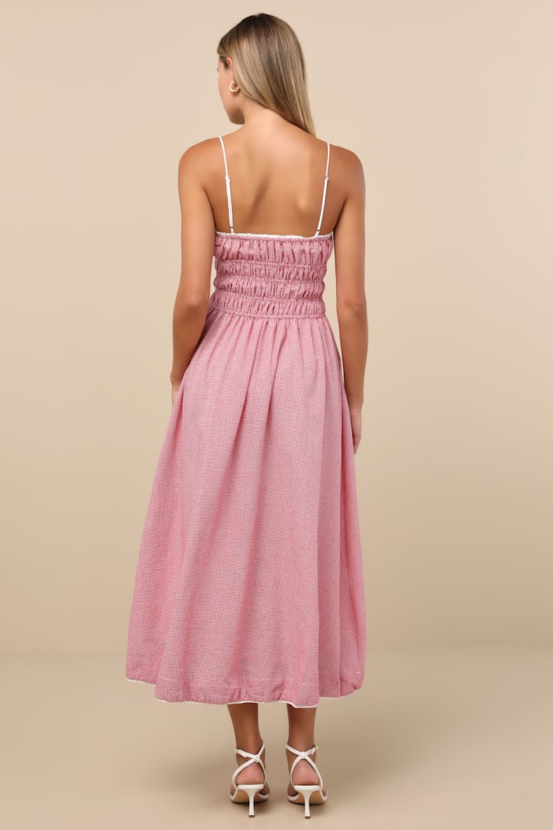 Thomas Red Gingham Smocked Sleeveless Midi Dress