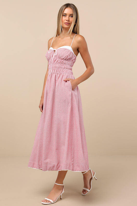Nia Thomas Red Gingham Smocked Sleeveless Midi Dress