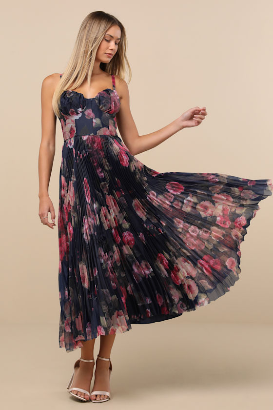 Image of Alluring Invite Midnight Blue Floral Pleated Bustier Midi Dress