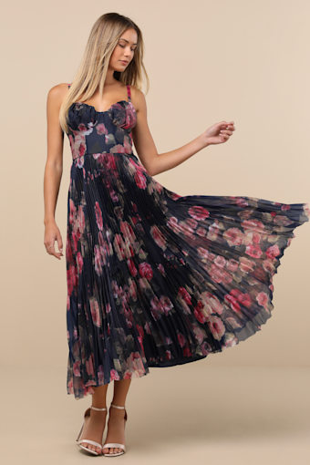 Alluring Invite Midnight Blue Floral Pleated Bustier Midi Dress 5