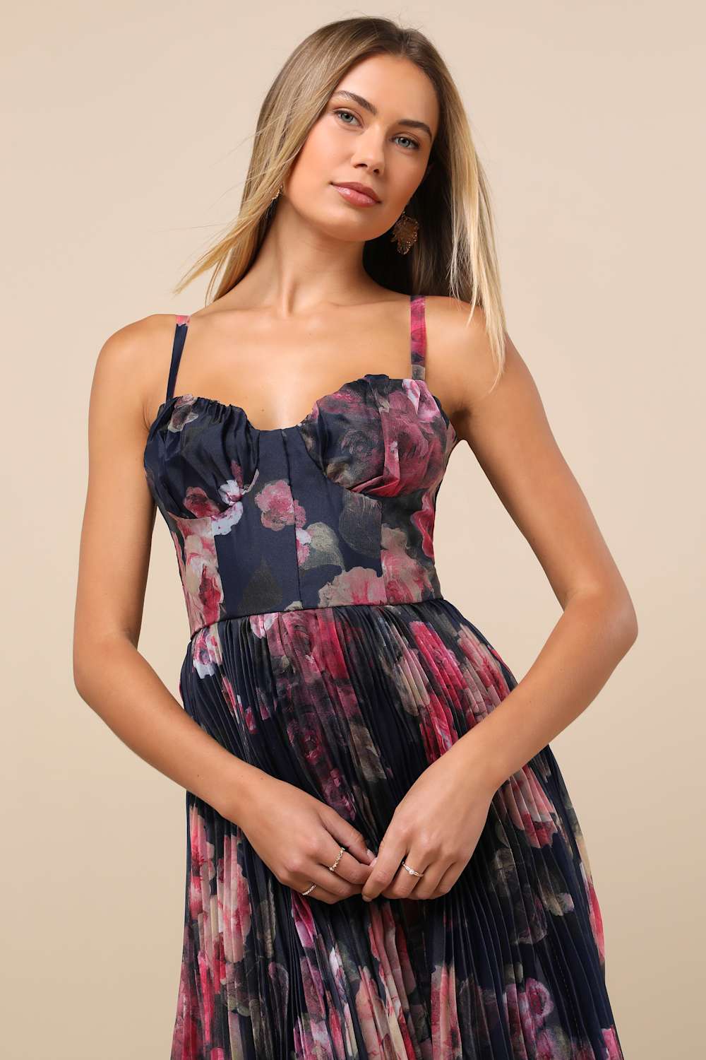 Alluring Invite Midnight Blue Floral Pleated Bustier Midi Dress