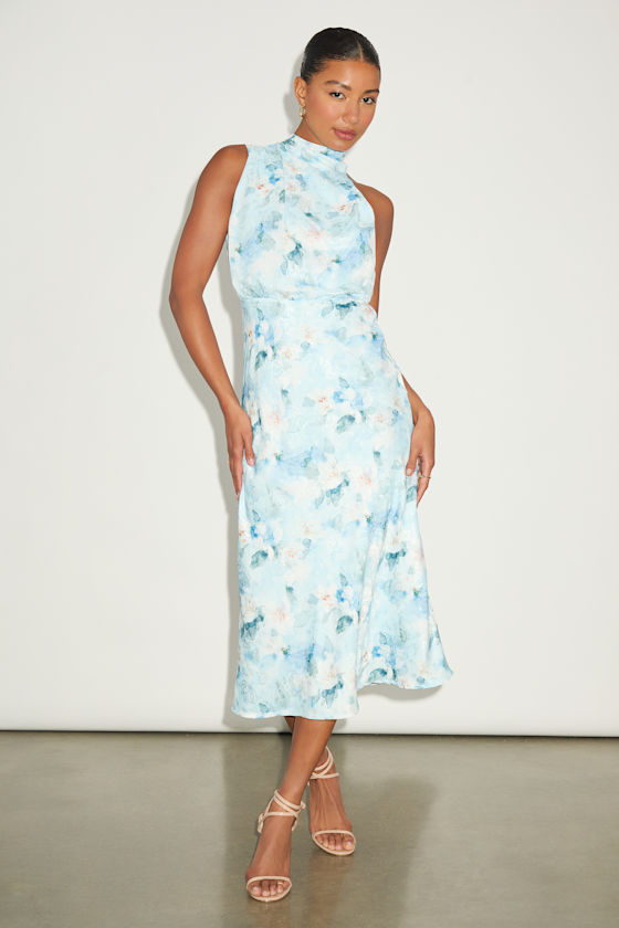 Lulus Distinctive Charm Blue Floral Satin Asymmetrical Midi Dress