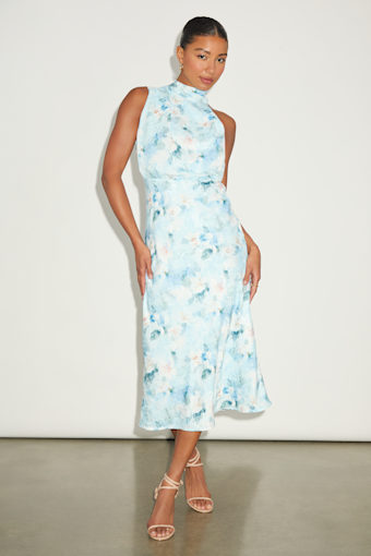 Distinctive Charm Blue Floral Satin Asymmetrical Midi Dress 3