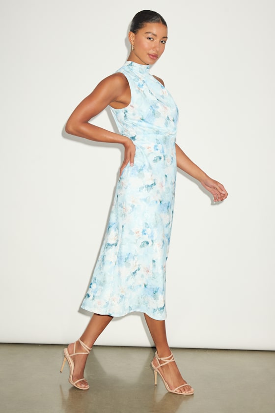 Lulus Distinctive Charm Blue Floral Satin Asymmetrical Midi Dress
