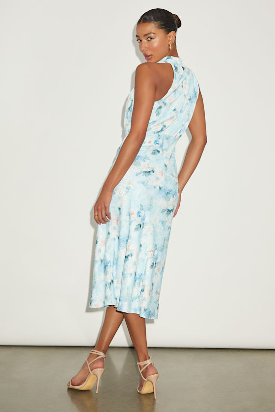 Lulus Distinctive Charm Blue Floral Satin Asymmetrical Midi Dress