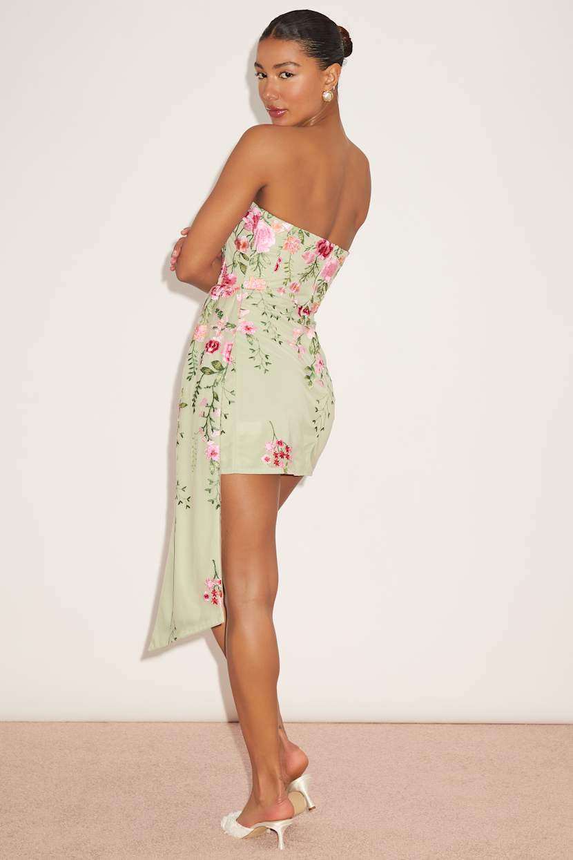 Sage Green Embroidered Sash Strapless Mini Dress | Womens | XXL (Available in L, XL) | 100% Polyester | Lulus