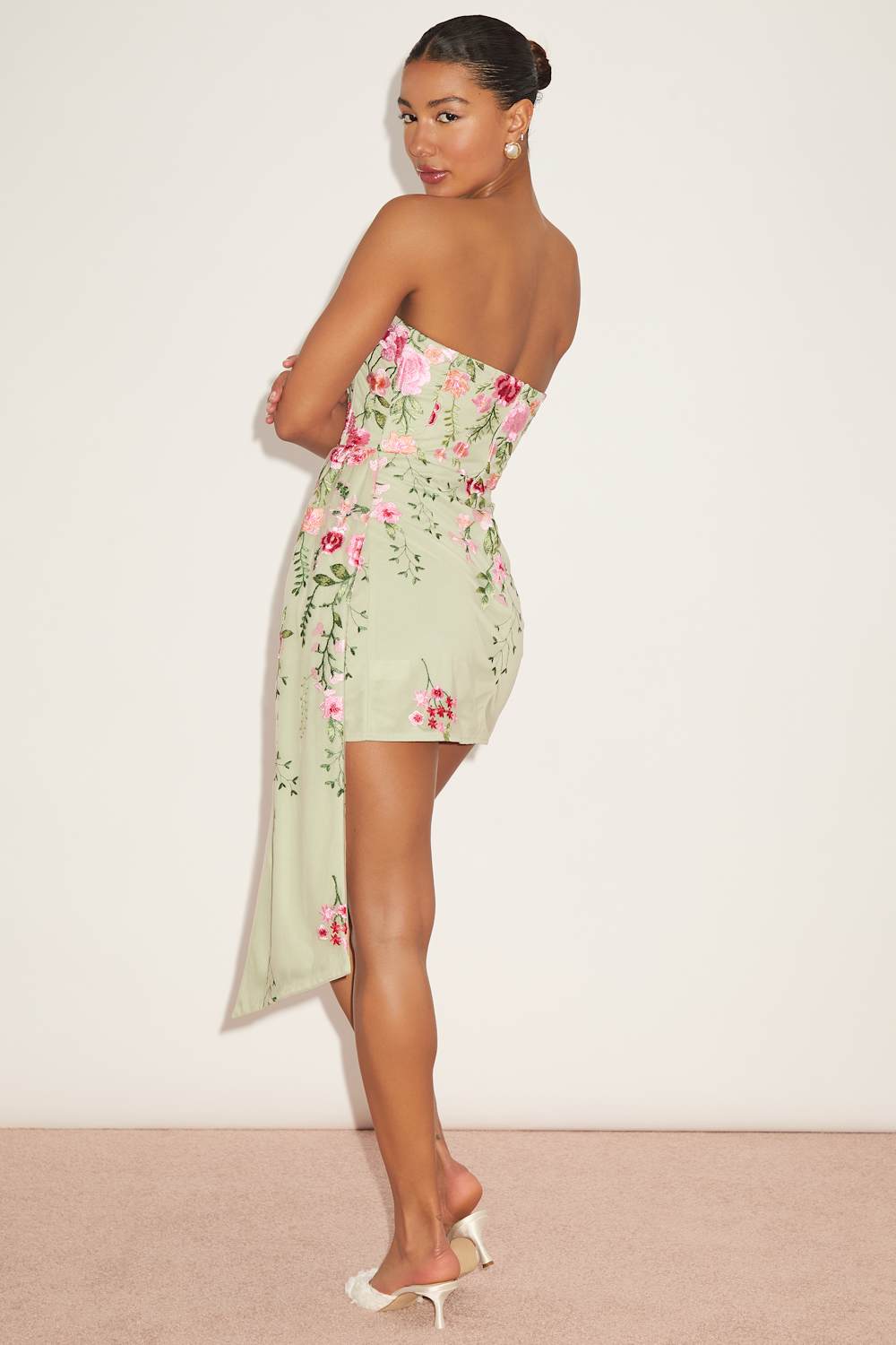 Aritz Sage Green Embroidered Sash Strapless Mini Dress