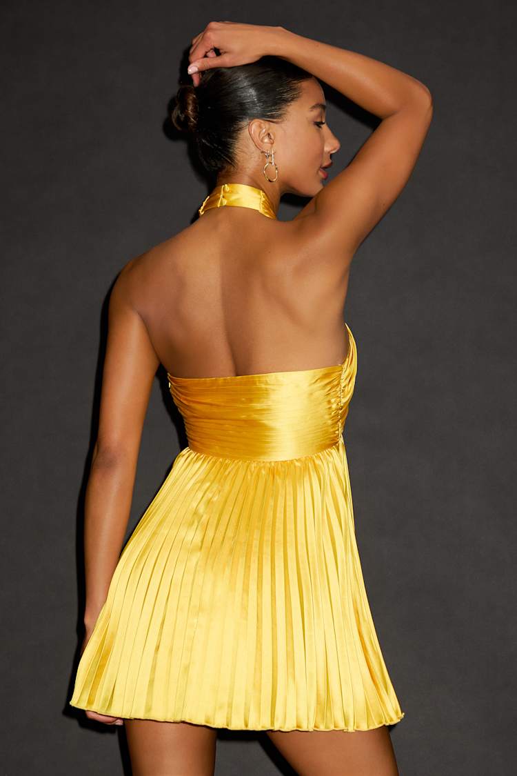 Renlee Golden Yellow Halter Pleated Mini Dress
