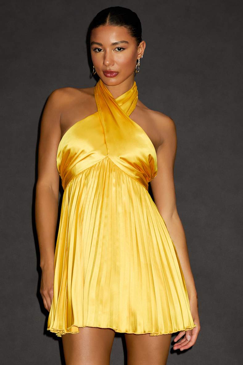 Renlee Golden Yellow Halter Pleated Mini Dress