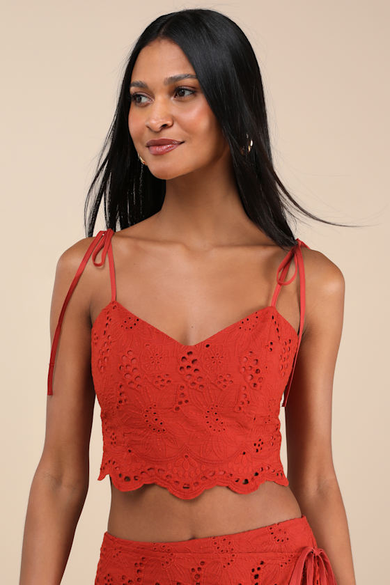 Kamilla Rust Red Eyelet Embroidered Tie-Strap Tank Top