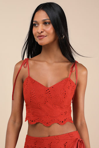 Kamilla Rust Red Eyelet Embroidered Tie-Strap Tank Top 2