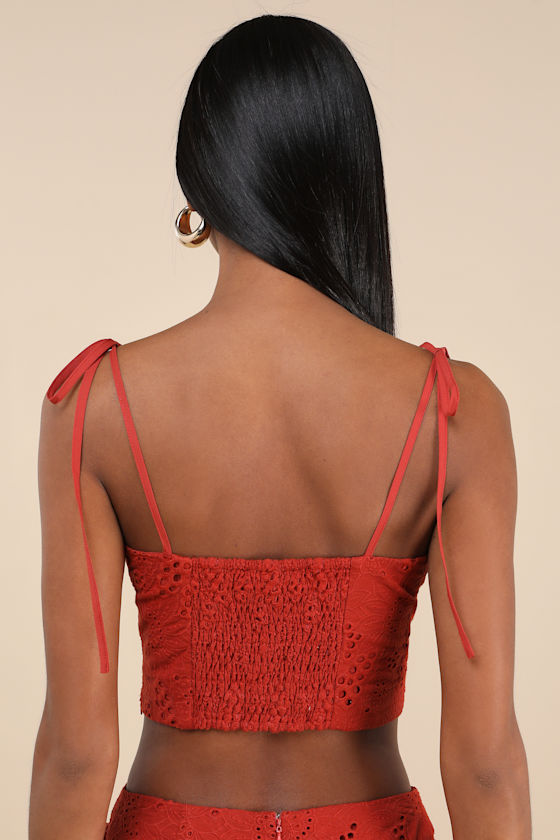 Lulus Kamilla Rust Red Eyelet Embroidered Tie-strap Tank Top In Red