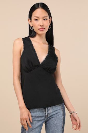 Lowenna Black Satin Lace Tank Top 1