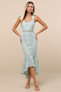 Won Your Heart Sage Green Lace Tie-Strap High-Low Midi Dress