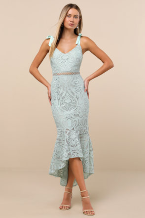 Won Your Heart Sage Green Lace Tie-Strap High-Low Midi Dress Won Your Heart Sage Green Lace Tie-Strap High-Low Midi Dress