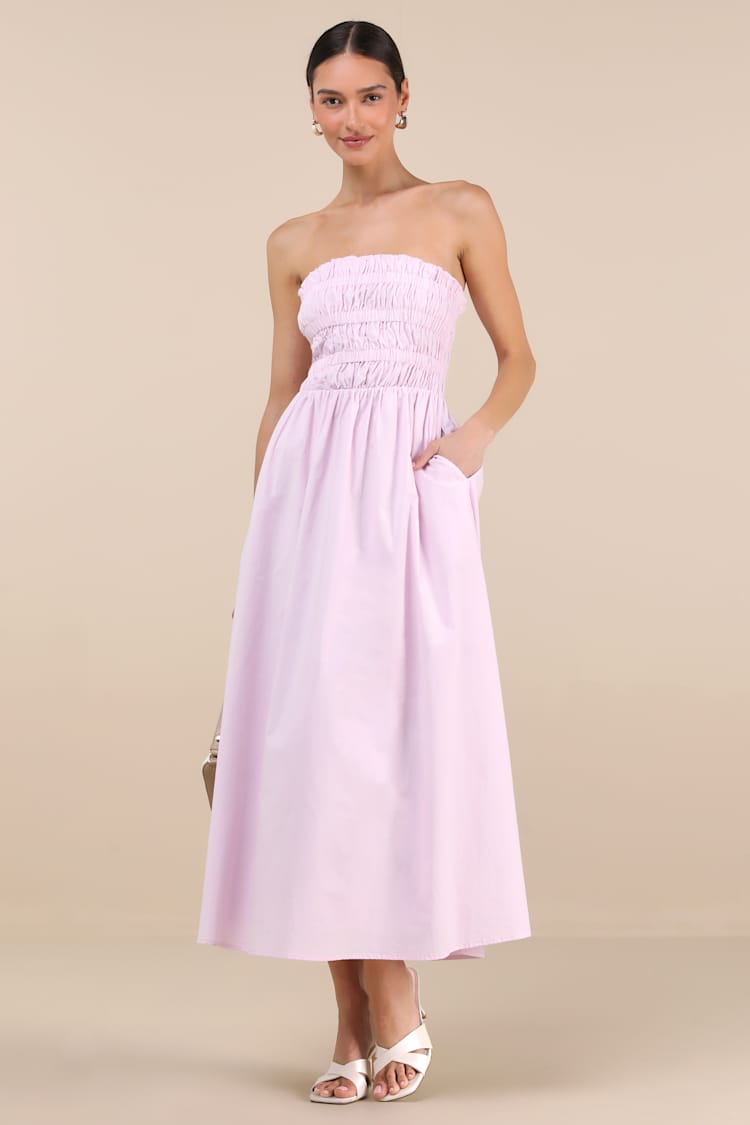Lilac Smocked Dress - Dress With Pockets - Strapless Midi Dress - Lulus