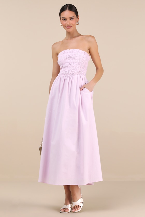 Ania Lilac Strapless Smocked Midi Dress 1