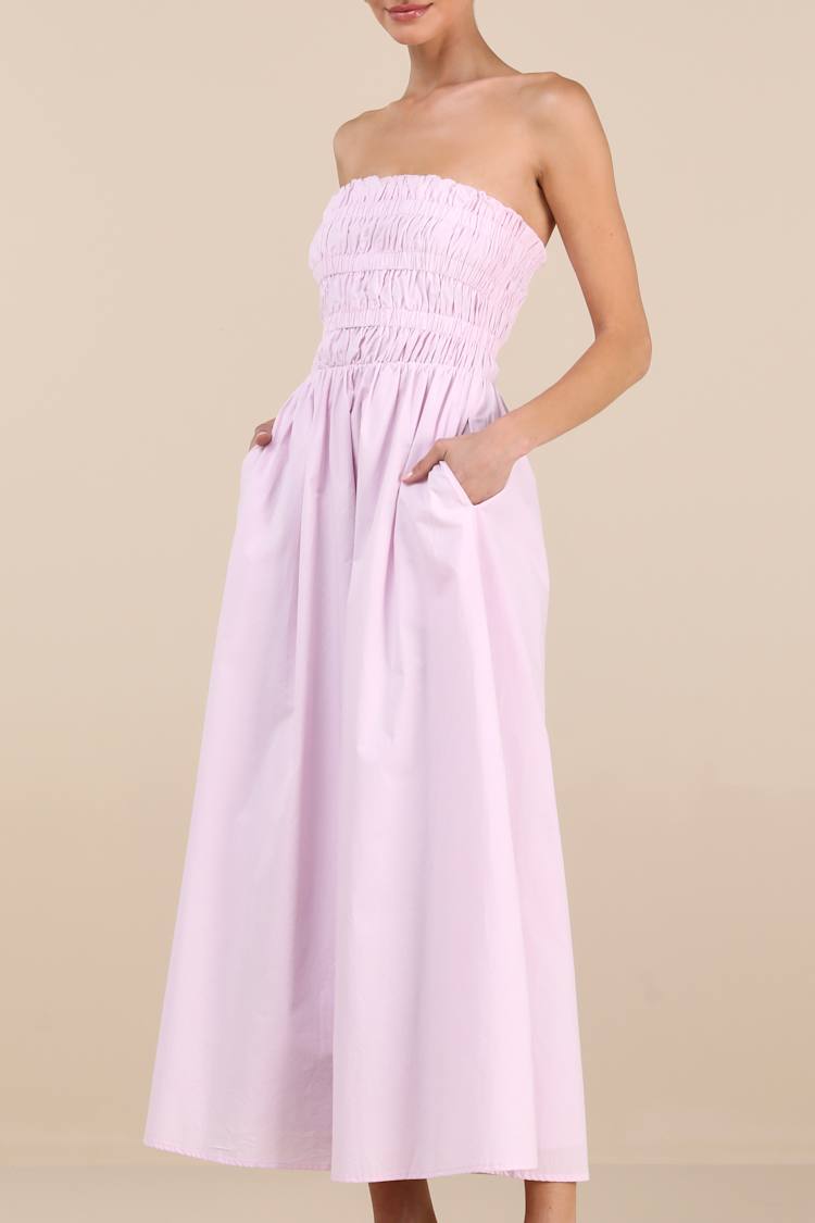 Ania Lilac Strapless Smocked Midi Dress