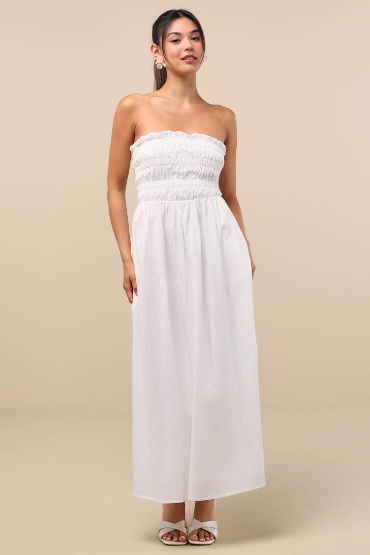 Ania White Strapless Smocked Midi Dress
