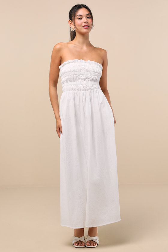 Ania White Strapless Smocked Midi Dress 2