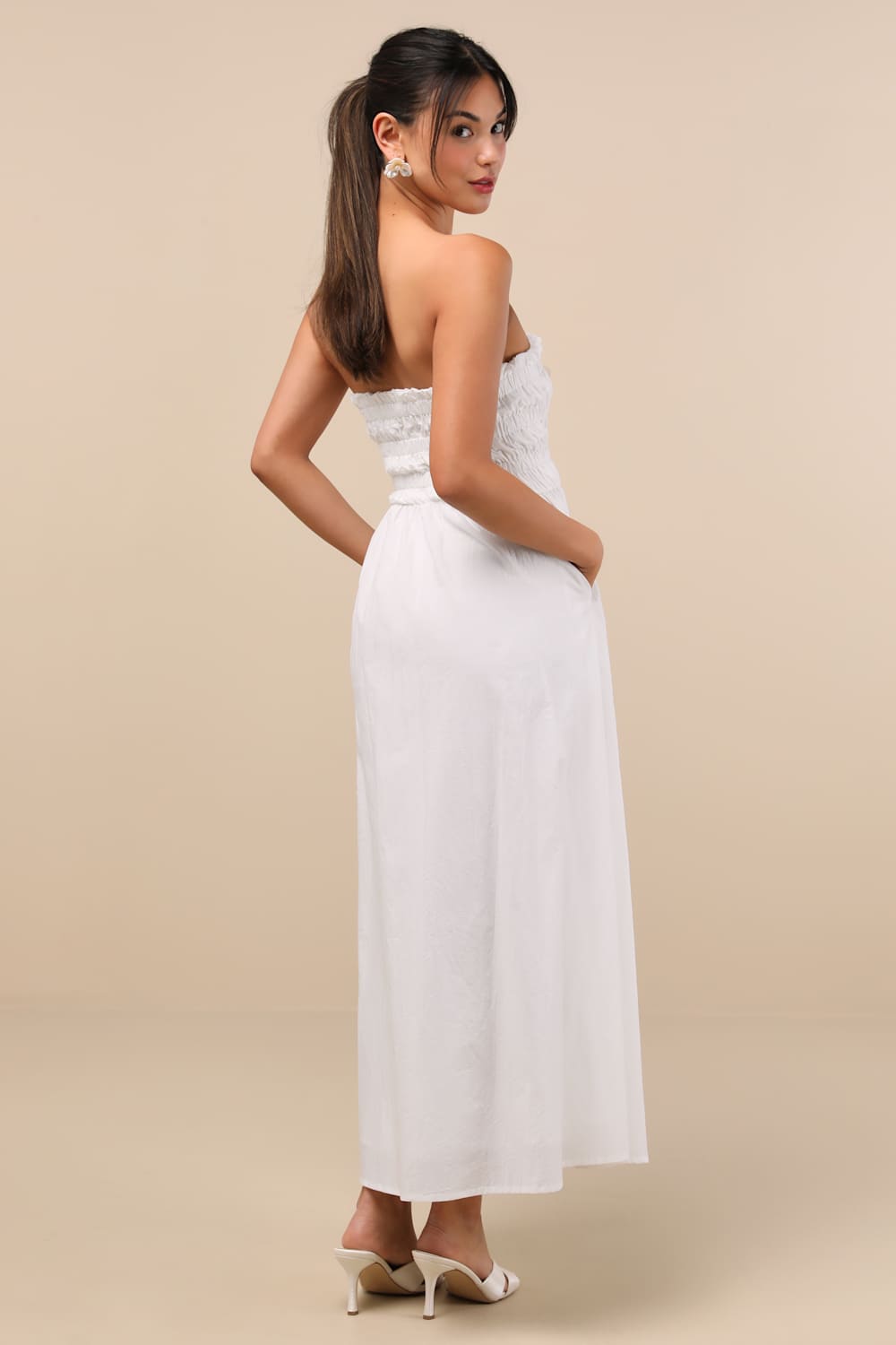 Ania White Strapless Smocked Midi Dress