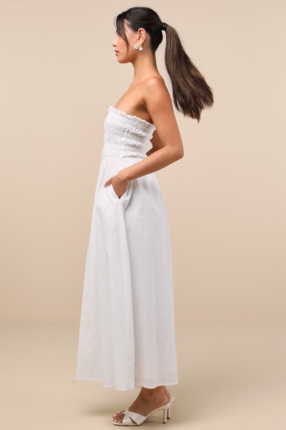 Lulus Ania White Strapless Smocked Midi Dress