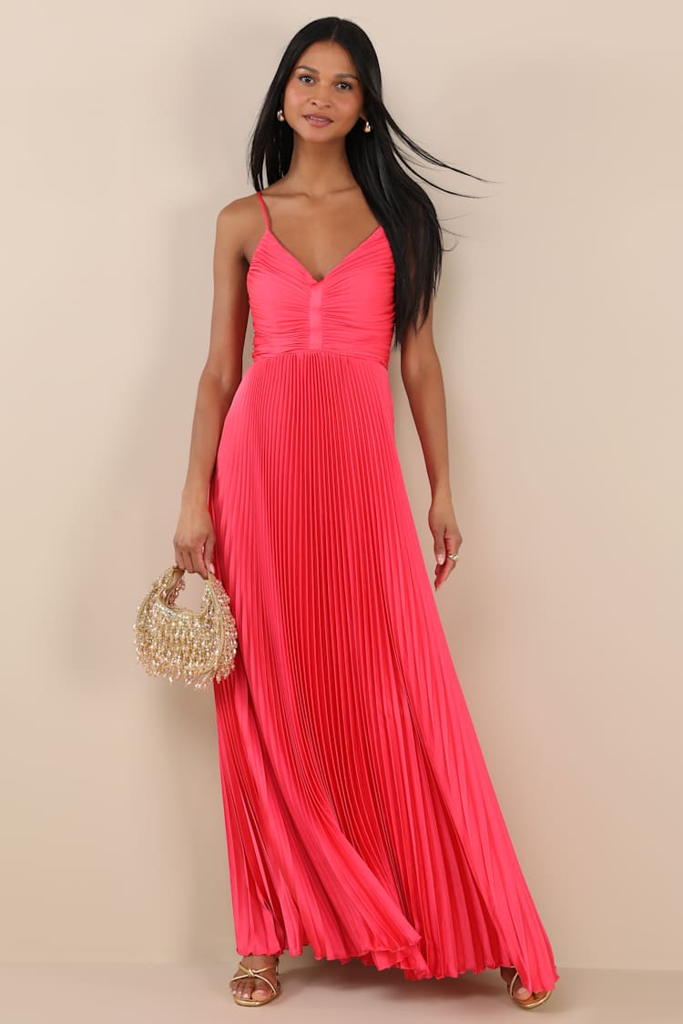 Dreaming in Color Coral V-Neck Pleated Satin Maxi Dress