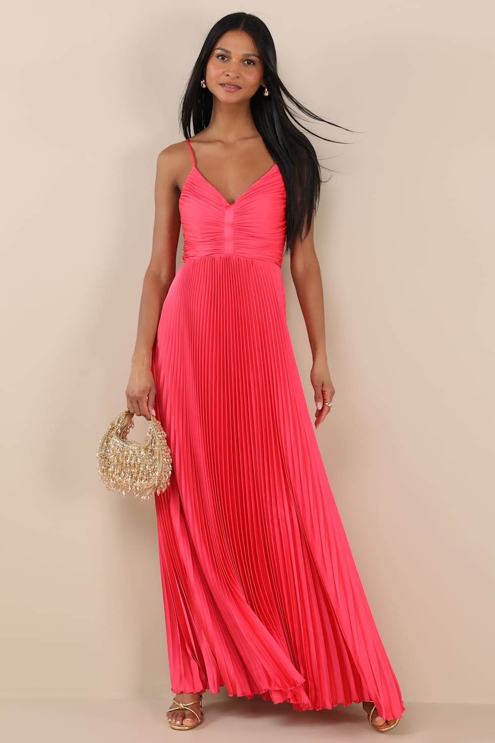 Dreaming in Color Coral V-Neck Pleated Satin Maxi Dress
