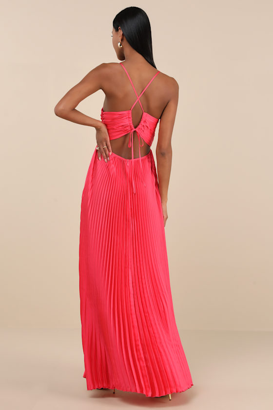 Lulus Dreaming In Color Coral V-neck Pleated Satin Maxi Dress In Red