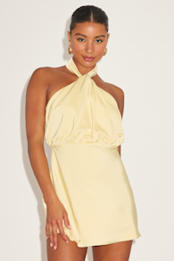 Sleek Essence Light Yellow Satin Halter Sleeveless Mini Dress 1