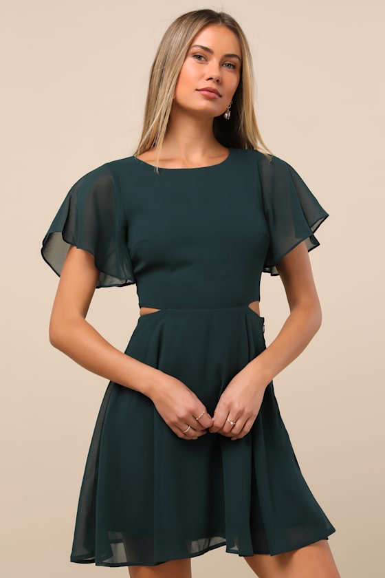 Image of Blissful Love Dark Green Cutout Mini Skater Dress