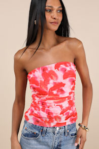 Maylin Red Abstract Print Mesh Strapless Top 1