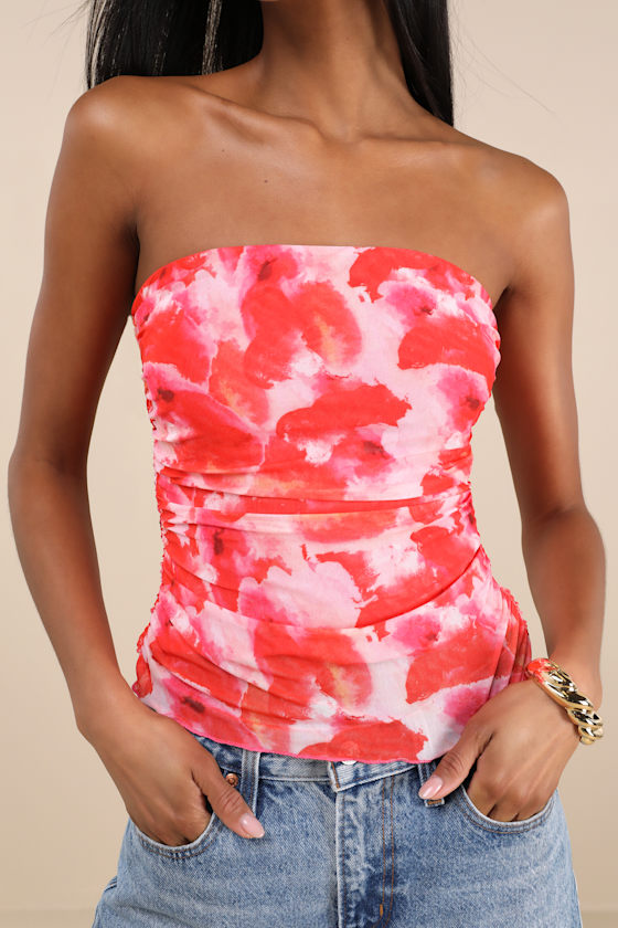 Lulus Maylin Red Abstract Print Mesh Strapless Top