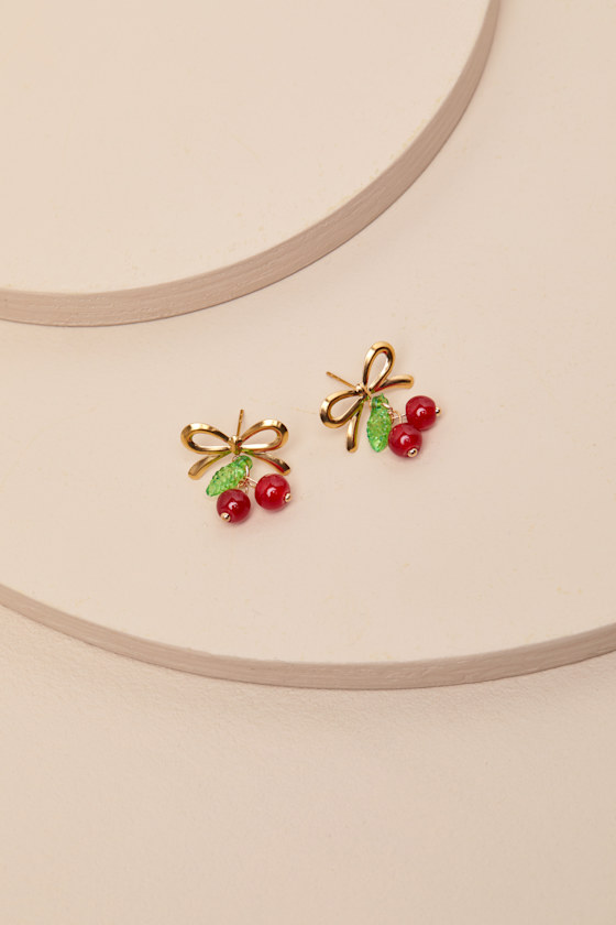 Lulus Joselyn Gold And Red Cherry Stud Earrings