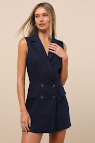 Paris Dark Navy Tweed Collared Romper 1