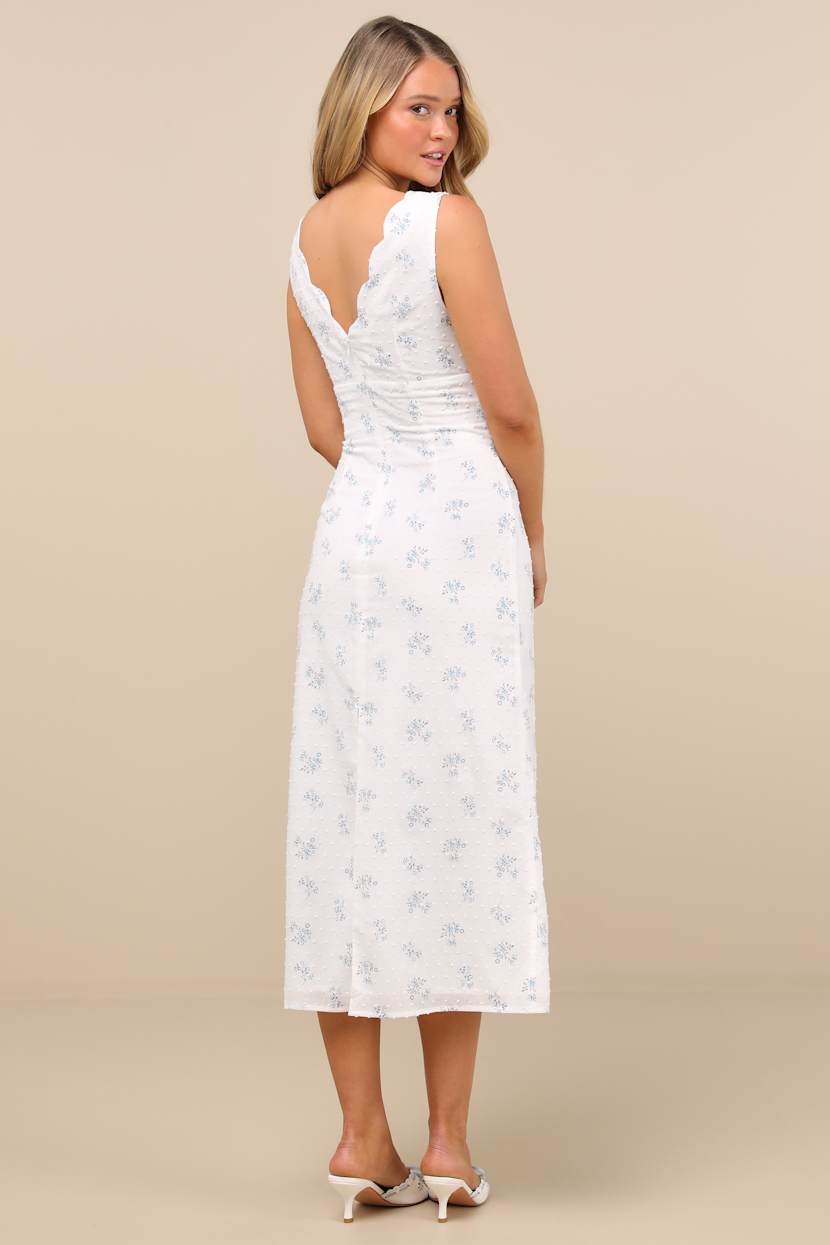 White Floral Midi Dress - Swiss Dot Dress - White Column Dress - Lulus