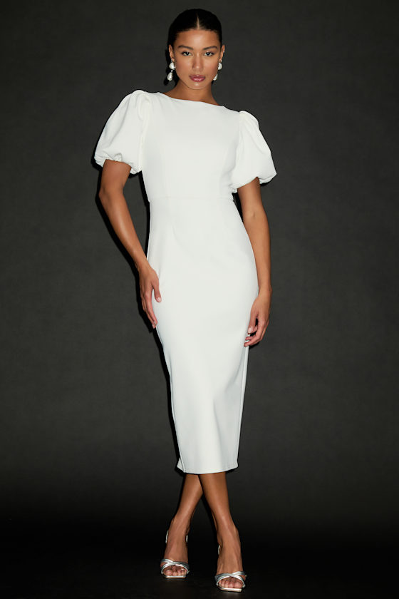 WHITE PUFF SLEEVE BACK LARGE BOW MIDI DRESS