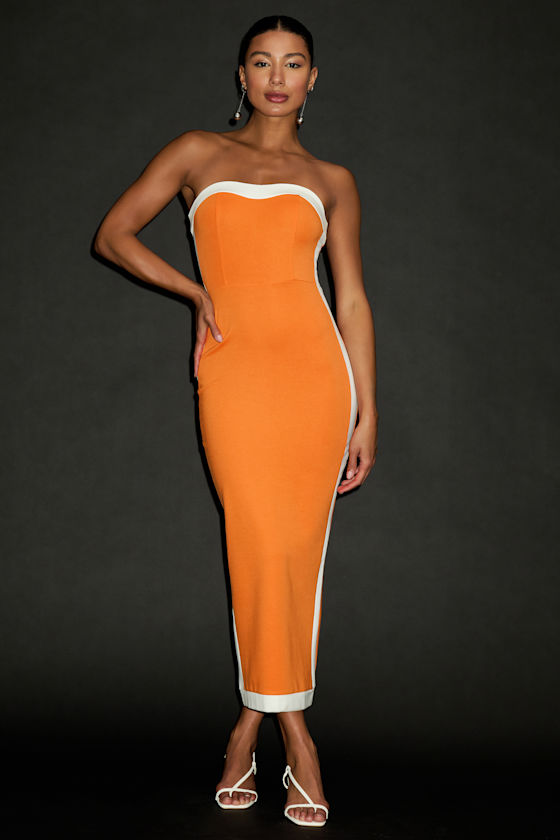 Lulus Impressive Edge Orange Color Block Strapless Midi Dress