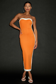 Impressive Edge Orange Color Block Strapless Midi Dress 2