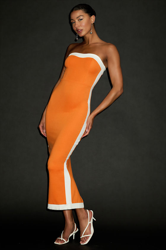 Lulus Impressive Edge Orange Color Block Strapless Midi Dress