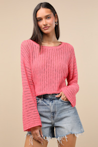 Minna Hot Pink Open Knit Dolman Sleeve Sweater 1