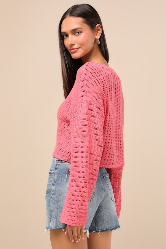 Lulus Minna Hot Pink Open Knit Dolman Sleeve Sweater