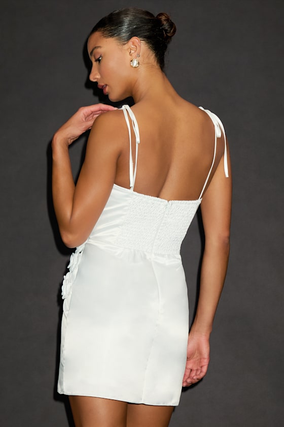 Lulus Nafissa White Satin Floral Applique Tie-strap Mini Dress In White