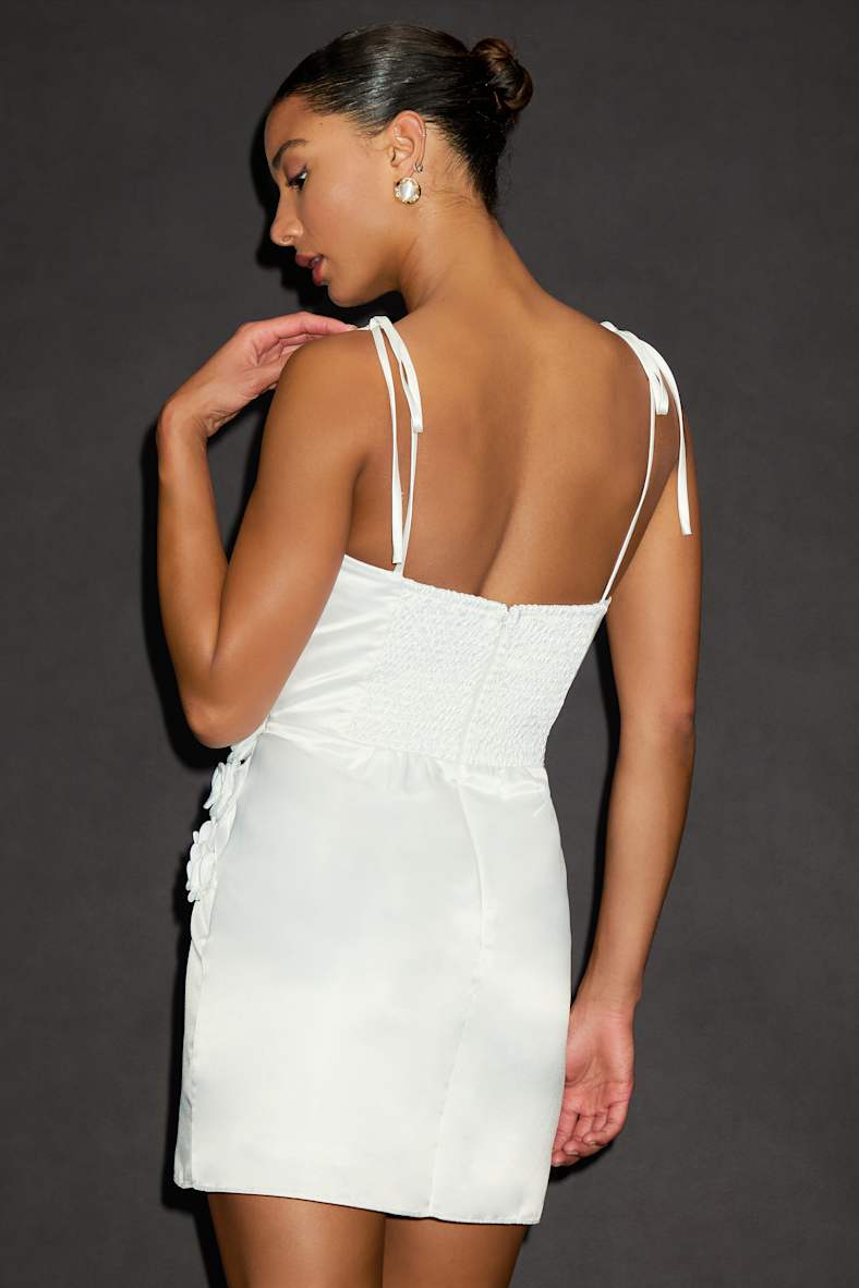 Nafissa White Satin Floral Applique Tie-Strap Mini Dress
