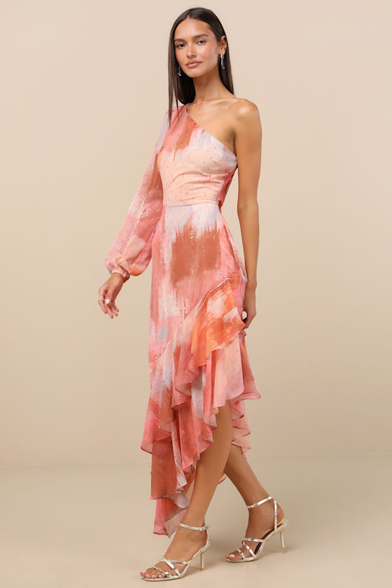 Lulus Faria Peach Multi Abstract Metallic Clip Dot Midi Dress