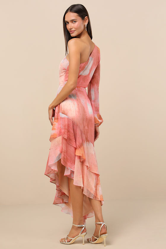 Lulus Faria Peach Multi Abstract Metallic Clip Dot Midi Dress