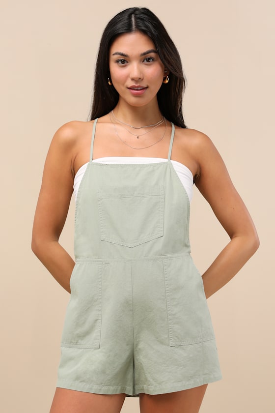 Lulus Easygoing Sage Green Short Overall Romper