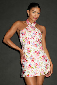 Mayar Ivory Floral Satin Cross-Front Halter Mini Dress 1