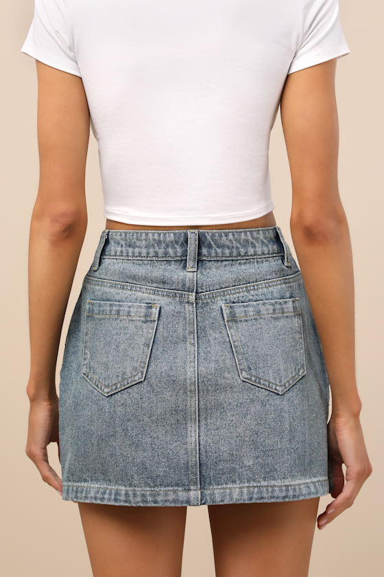 Lulus Fayla Medium Wash Denim Rhinestone Mini Skirt